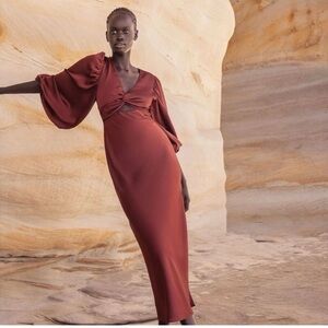 Shona Joy Luxe Twist Ballon Sleeve Cut Out Midi Dress Size US 8 Sangria